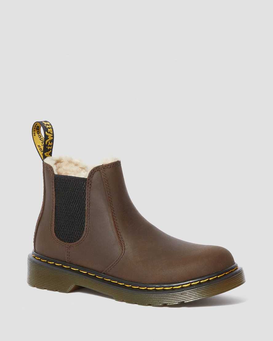 tmavě hnědé dětské boty dr. martens 2976 s umělou kožešinou