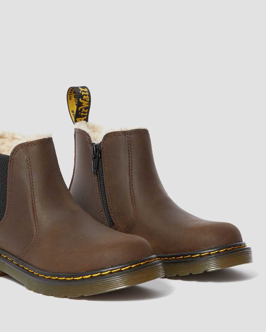 tmavě hnědé dětské boty dr. martens 2976 s umělou kožešinou