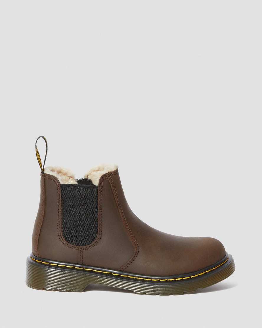 tmavě hnědé dětské boty dr. martens 2976 s umělou kožešinou