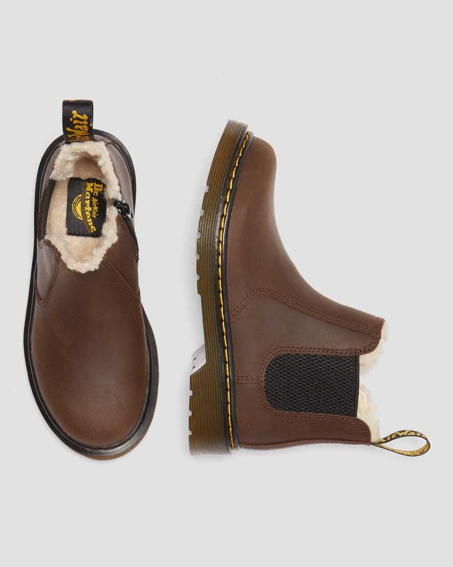 tmavě hnědé dětské boty dr. martens 2976 s umělou kožešinou
