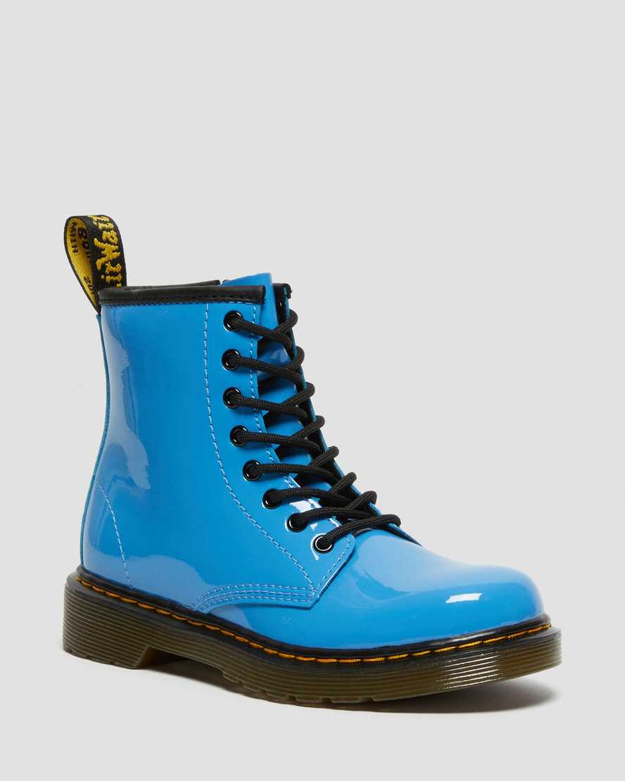 dětské lakované boty dr. martens 1460 v modrých šněrovacích rolákech