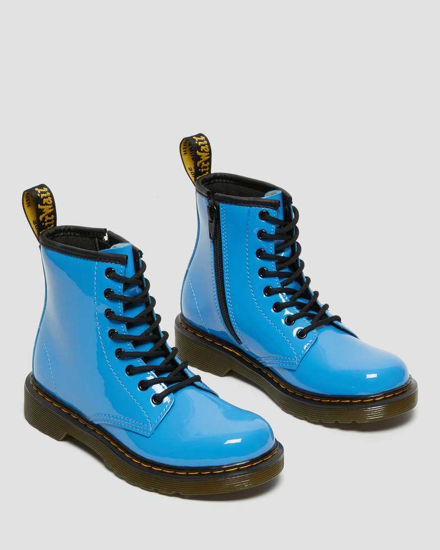 dětské lakované boty dr. martens 1460 v modrých šněrovacích rolákech