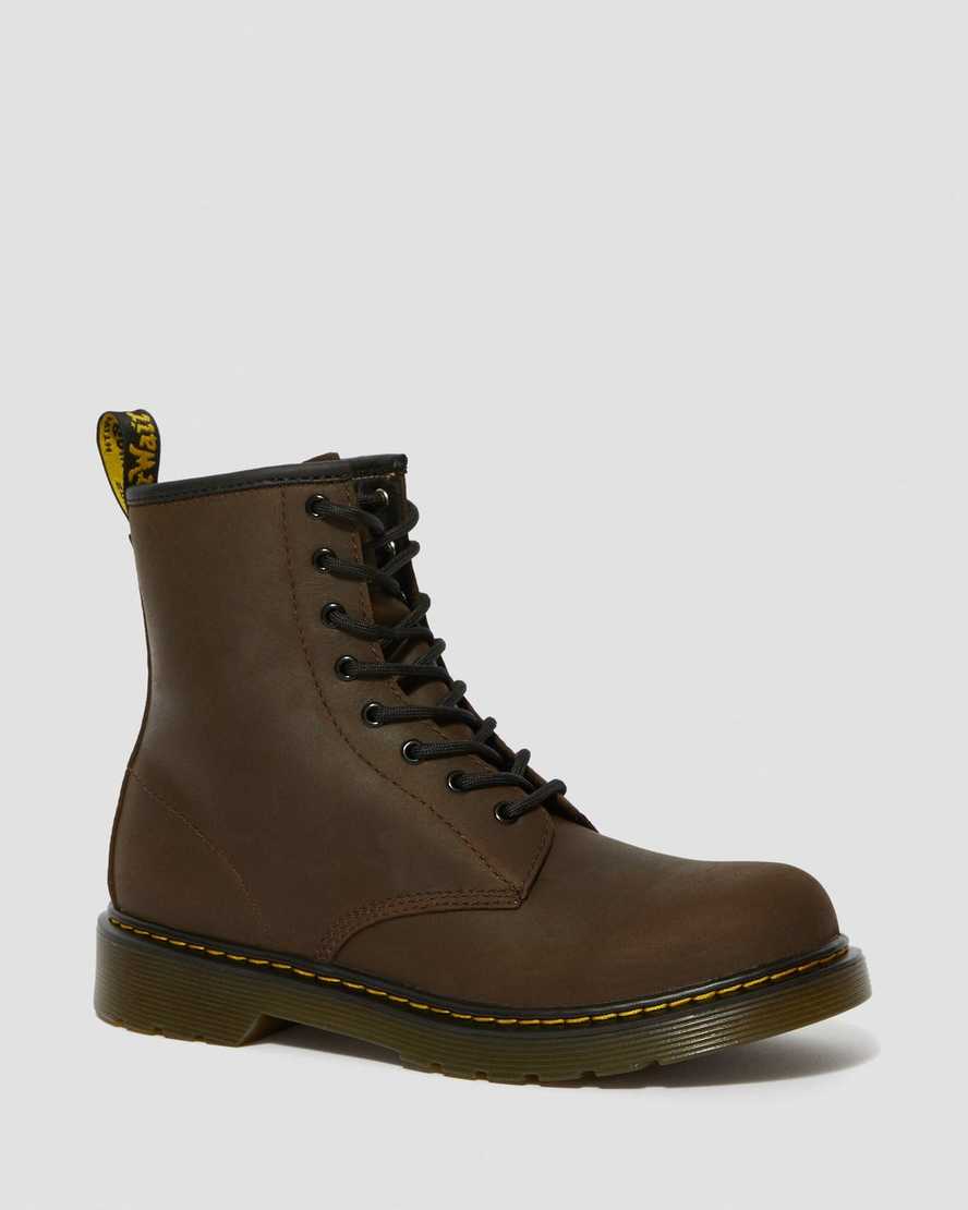 tmavě hnědé dětské šněrovací boty dr. martens 1460 s podšívkou z umělé kožešiny