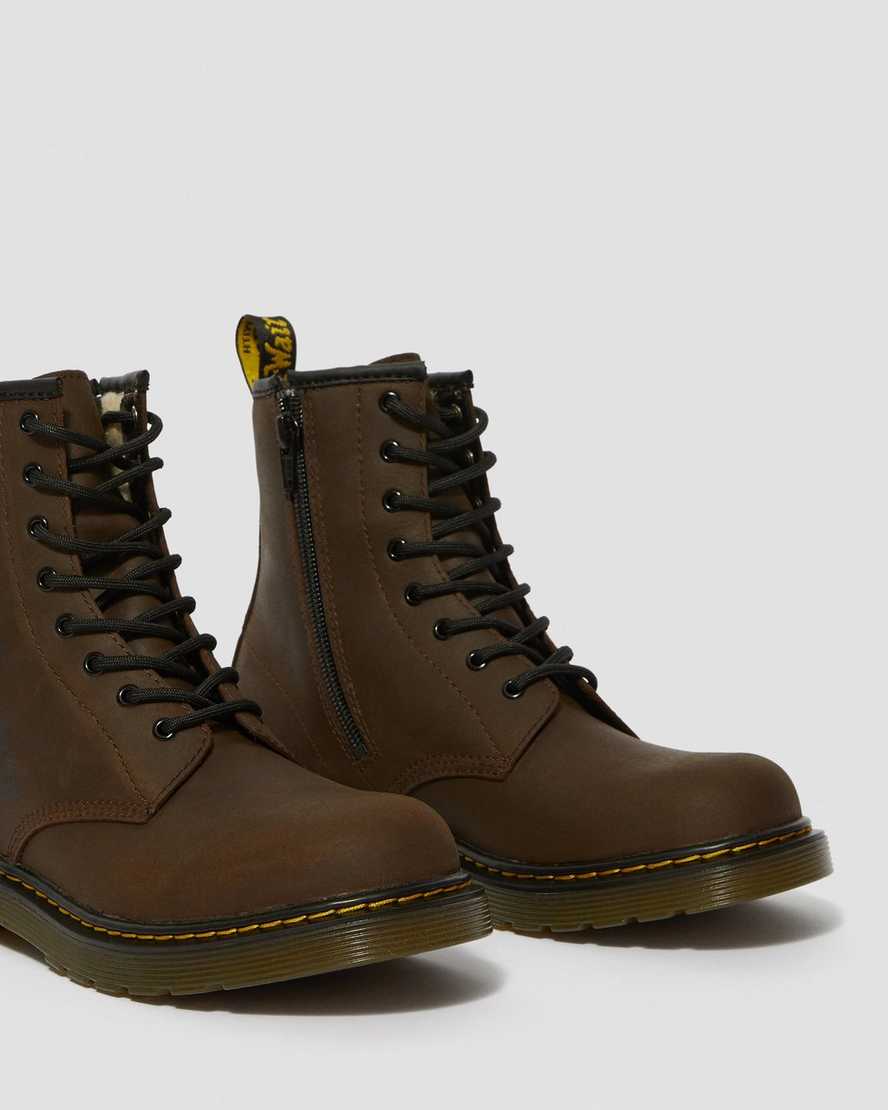 tmavě hnědé dětské šněrovací boty dr. martens 1460 s podšívkou z umělé kožešiny