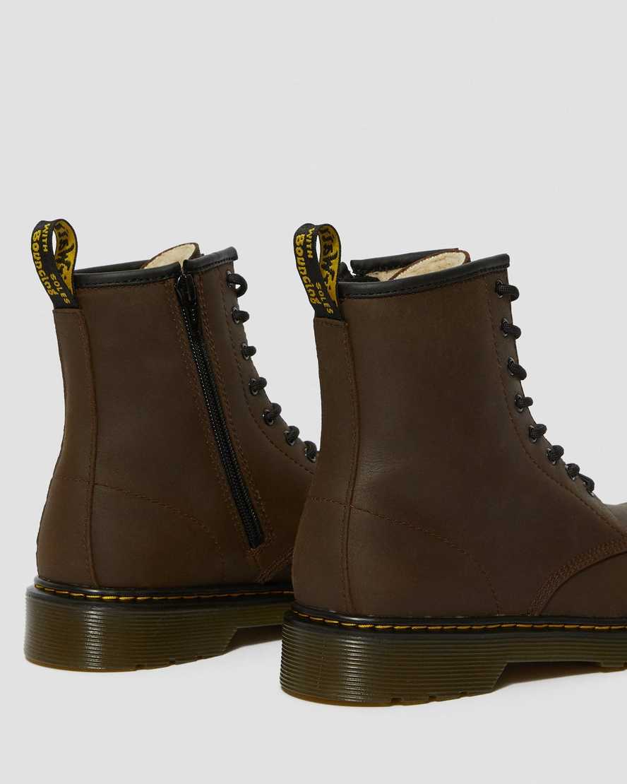 tmavě hnědé dětské šněrovací boty dr. martens 1460 s podšívkou z umělé kožešiny