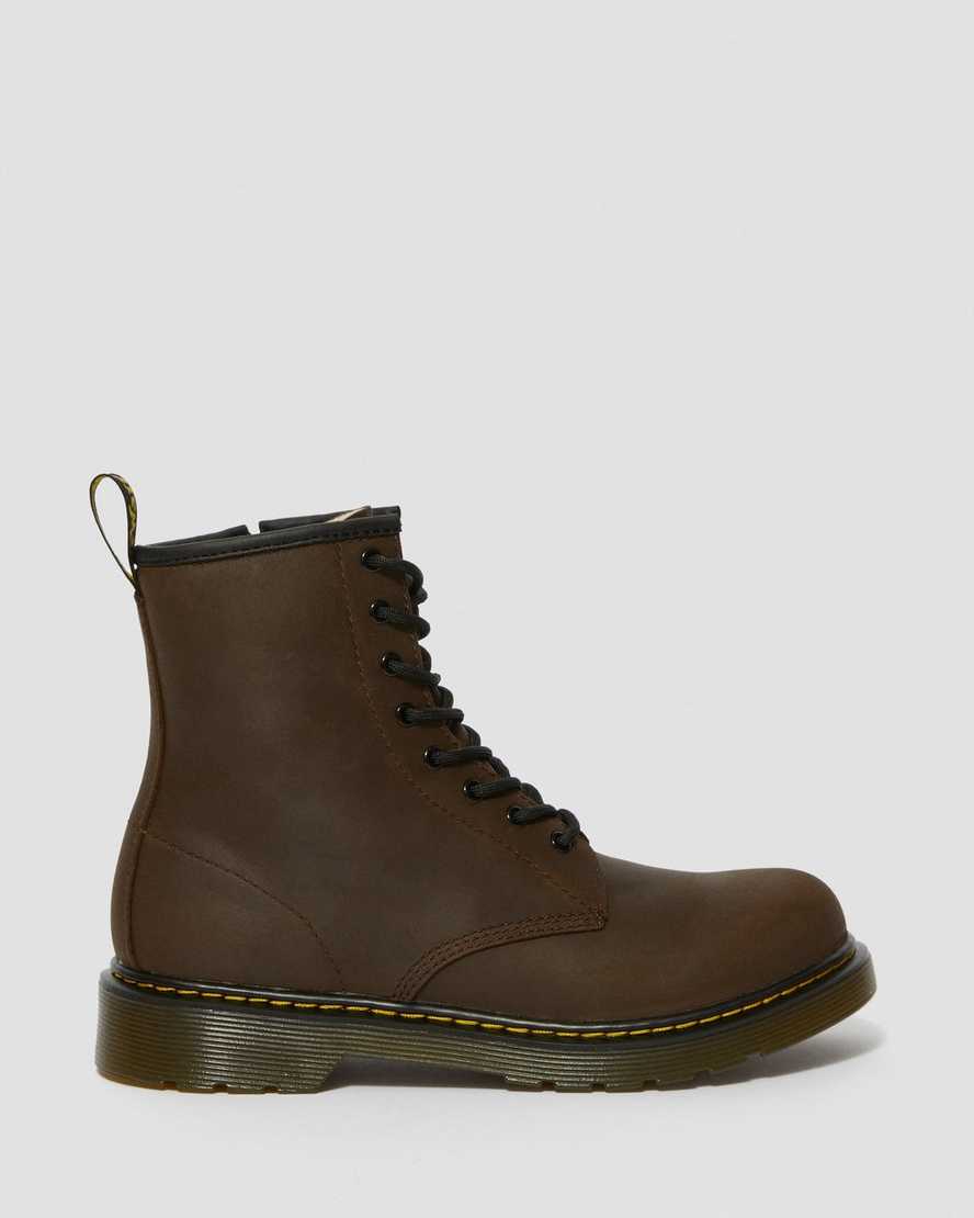 tmavě hnědé dětské šněrovací boty dr. martens 1460 s podšívkou z umělé kožešiny