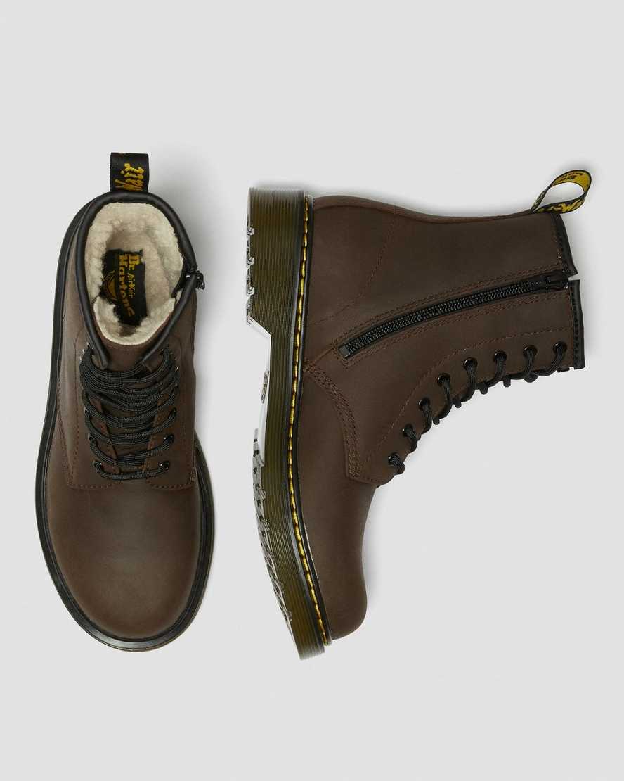 tmavě hnědé dětské šněrovací boty dr. martens 1460 s podšívkou z umělé kožešiny
