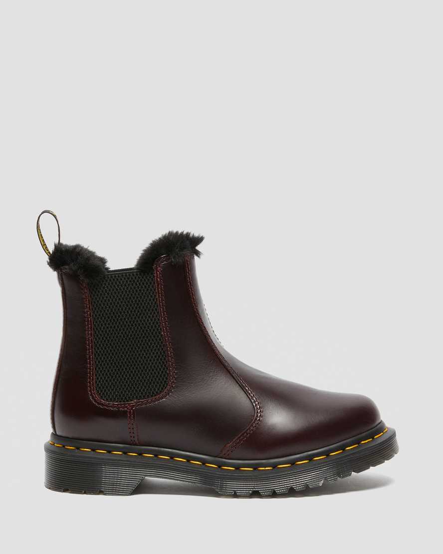 vínové dámské boty dr. martens 2976 leonore s podšívkou z umělé kožešiny chelsea