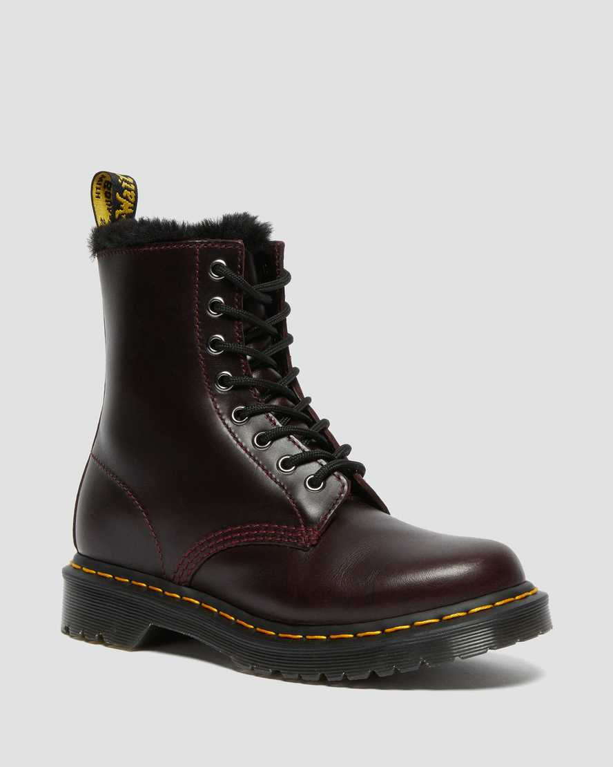 vínové dámské šněrovací boty dr. martens 1460 serena s umělou kožešinou