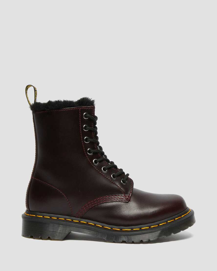 vínové dámské šněrovací boty dr. martens 1460 serena s umělou kožešinou