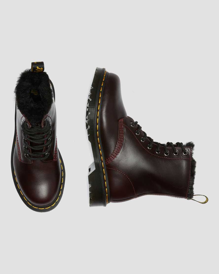vínové dámské šněrovací boty dr. martens 1460 serena s umělou kožešinou