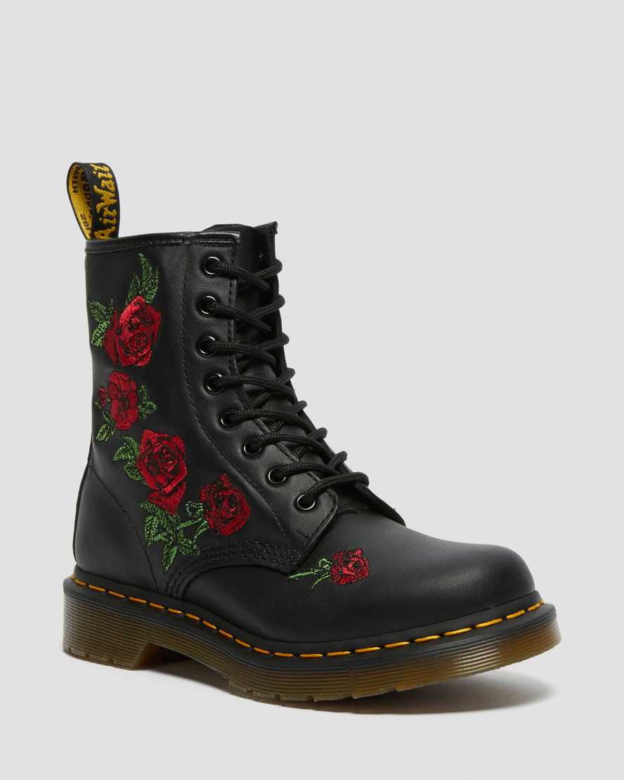 Černé dámské šněrovací boty dr. martens 1460 vonda s květinovým vzorem