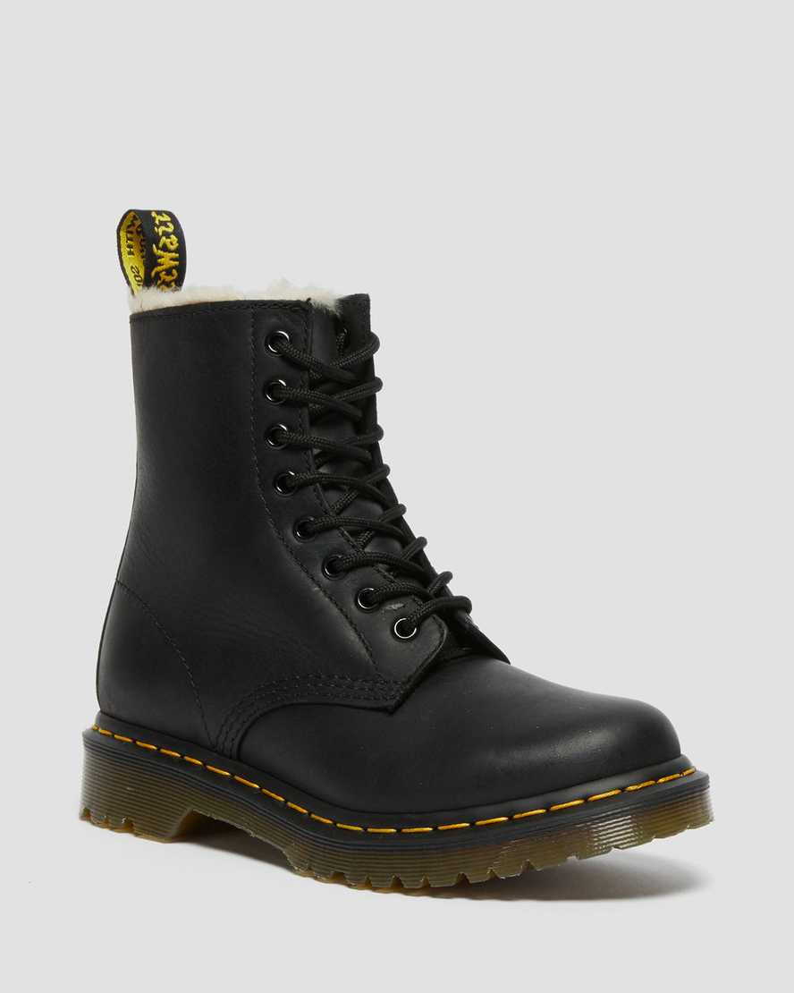 Černé dámské šněrovací boty dr. martens 1460 s podšívkou z umělé kožešiny