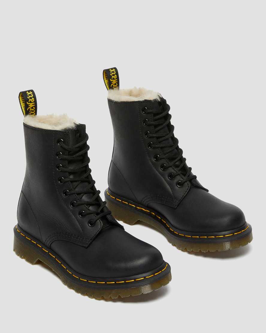Černé dámské šněrovací boty dr. martens 1460 s podšívkou z umělé kožešiny