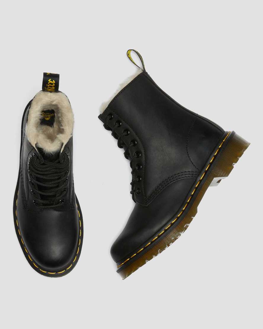 Černé dámské šněrovací boty dr. martens 1460 s podšívkou z umělé kožešiny