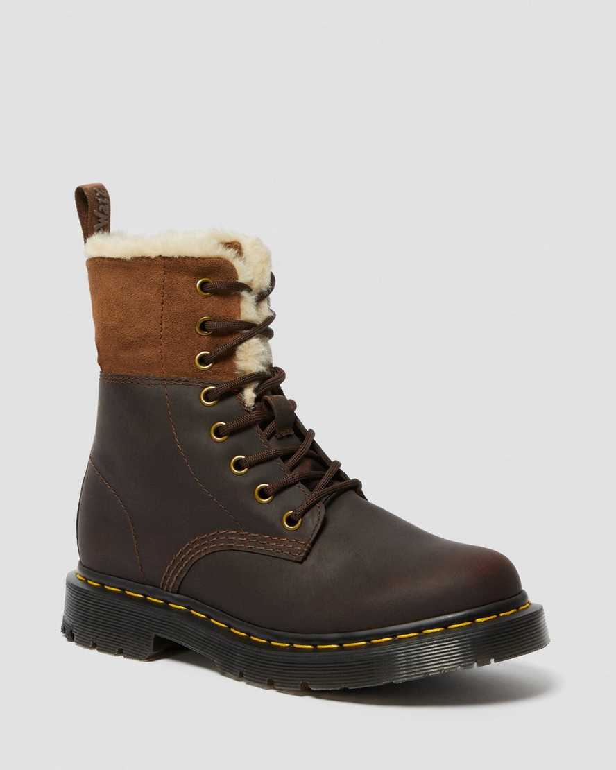 tmavě hnědé dámské boty dr. martens 1460 dms wintergrip faux fur s podšívkou