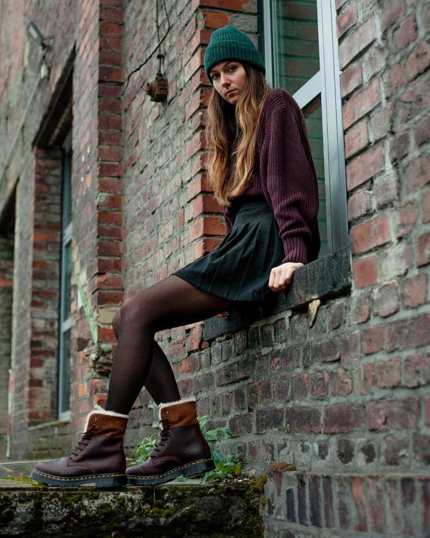 tmavě hnědé dámské boty dr. martens 1460 dms wintergrip faux fur s podšívkou