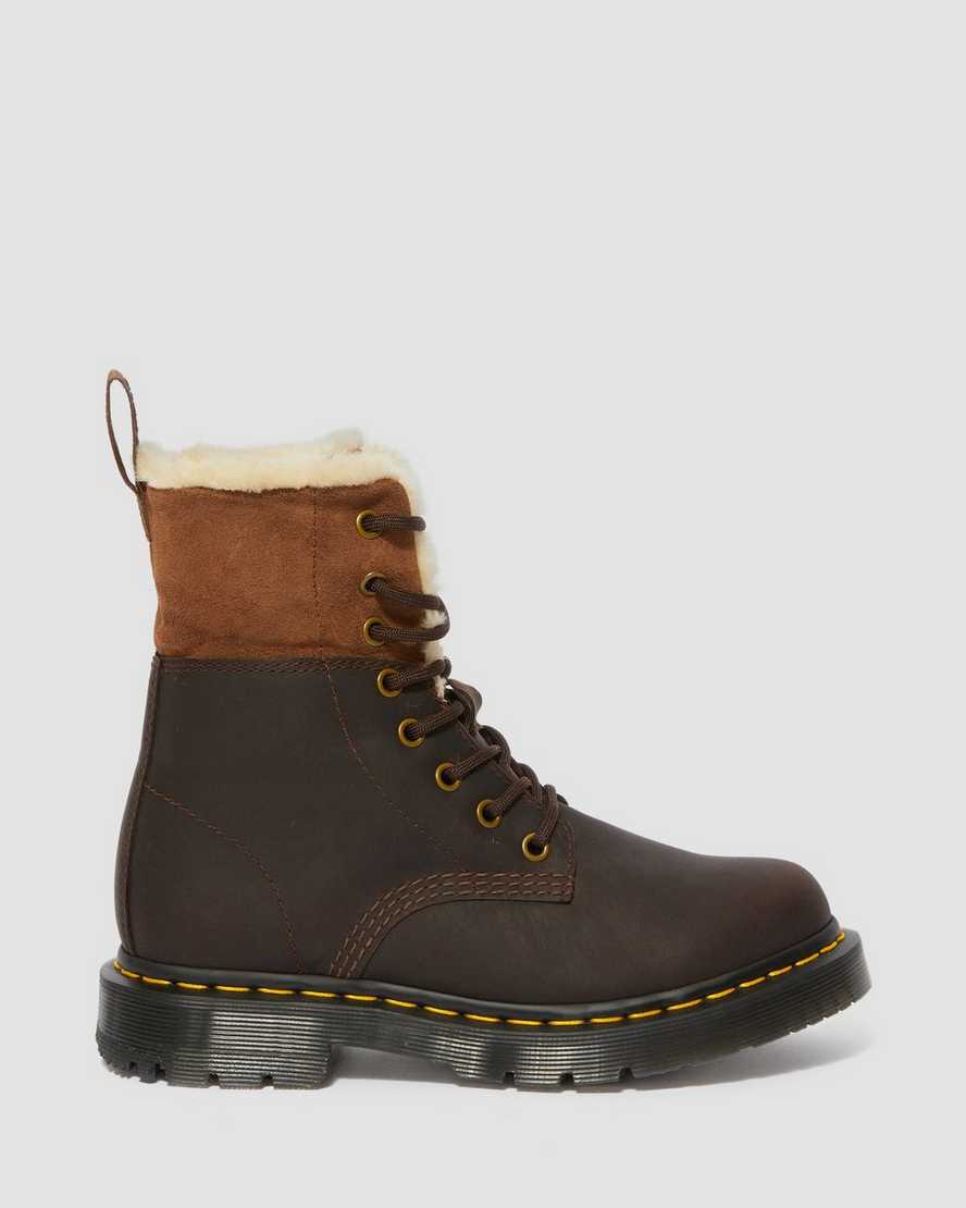 tmavě hnědé dámské boty dr. martens 1460 dms wintergrip faux fur s podšívkou