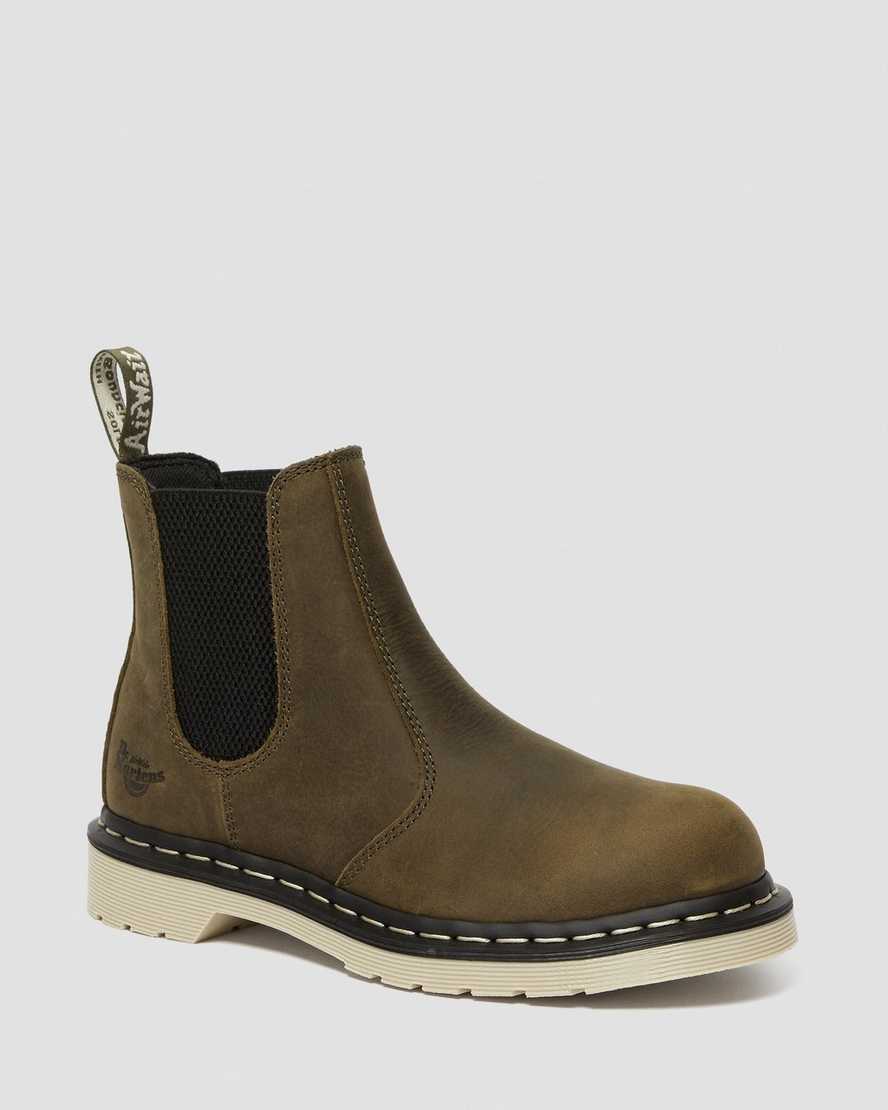 dámské pracovní boty dr. martens arbor s ocelovou špičkou chelsea v olivové barvě