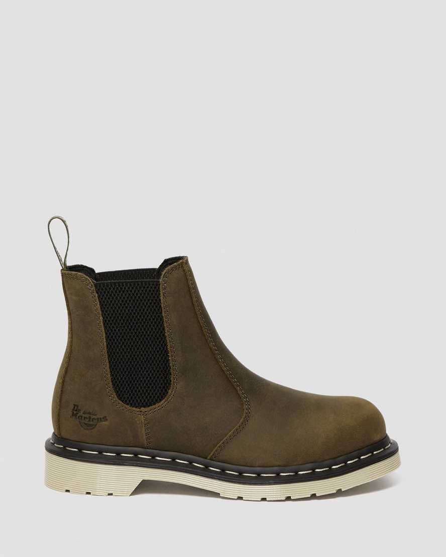 dámské pracovní boty dr. martens arbor s ocelovou špičkou chelsea v olivové barvě