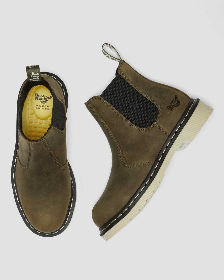 dámské pracovní boty dr. martens arbor s ocelovou špičkou chelsea v olivové barvě