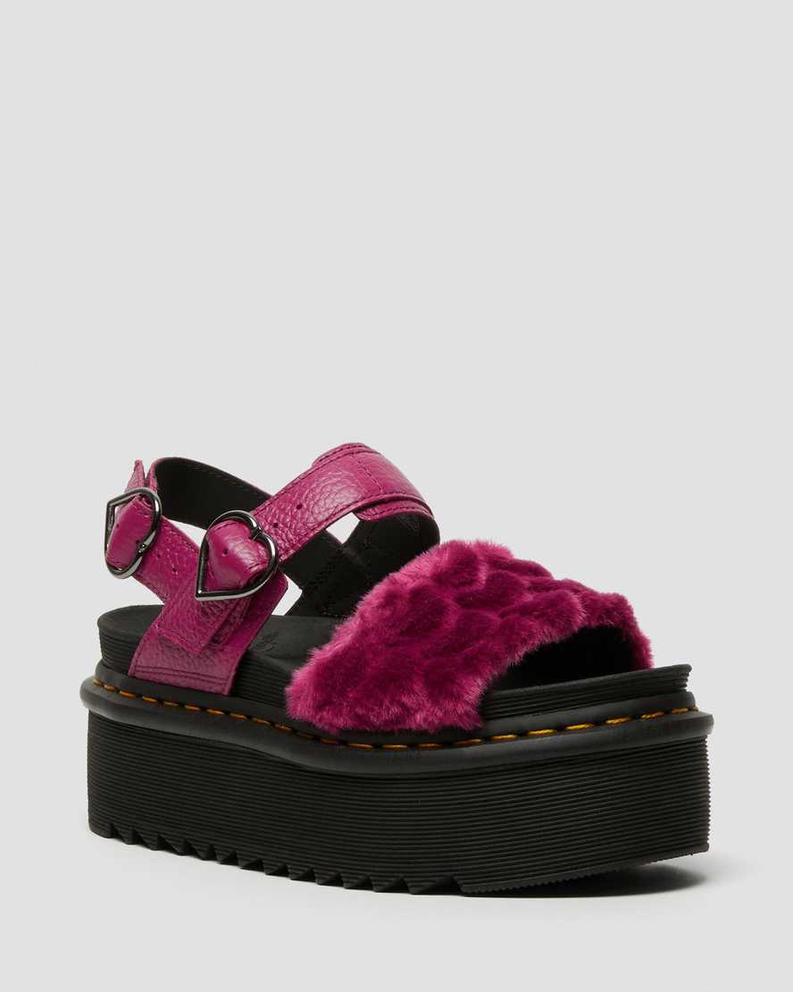 růžové dámské sandály dr. martens voss fluffy faux fur na platformě