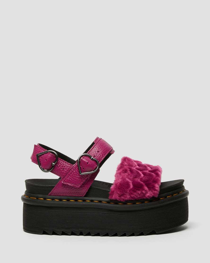 růžové dámské sandály dr. martens voss fluffy faux fur na platformě